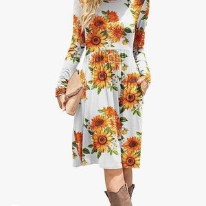DB MOON Women Casual Long Sleeve Dresses. Dress with Pockets, Sunflower